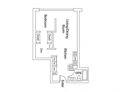 Floor plan for 1 bed, 669 sqft
